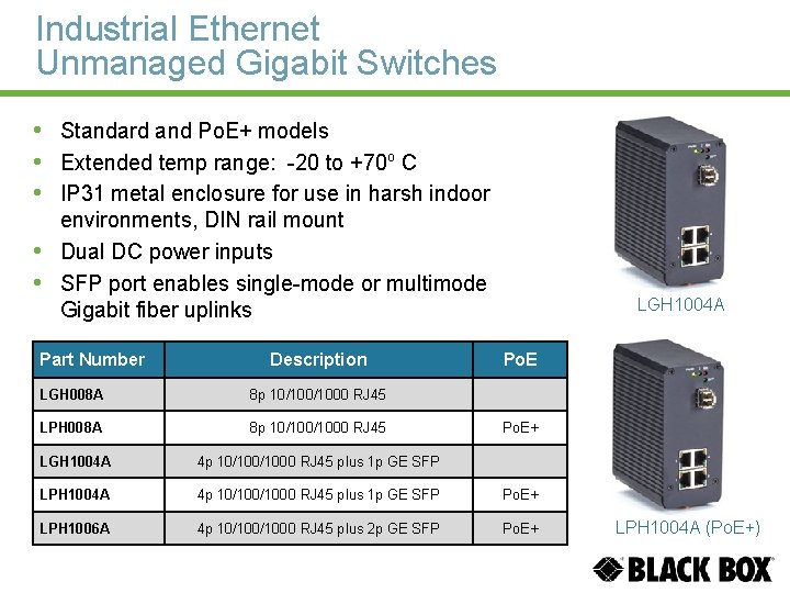 Industrial Ethernet Unmanaged Gigabit Switches • Standard and Po. E+ models • Extended temp