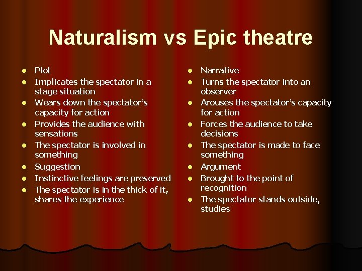 Naturalism vs Epic theatre l l l l Plot Implicates the spectator in a