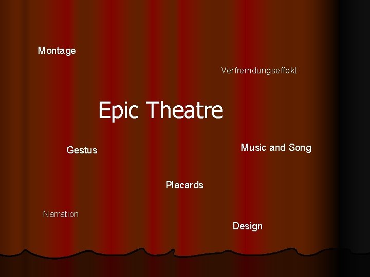 Montage Verfremdungseffekt Epic Theatre Music and Song Gestus Placards Narration Design 