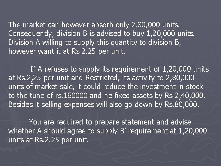 The market can however absorb only 2. 80, 000 units. Consequently, division B is