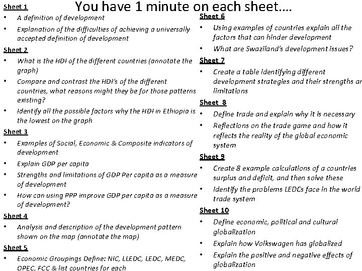 You have 1 minute on each sheet…. Sheet 6 Sheet 1 • A definition