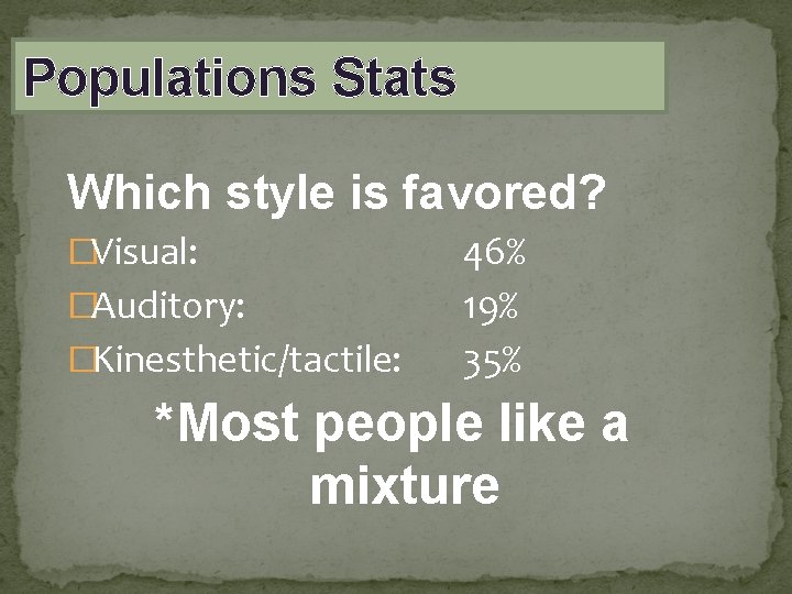 Populations Stats Which style is favored? �Visual: �Auditory: �Kinesthetic/tactile: 46% 19% 35% *Most people