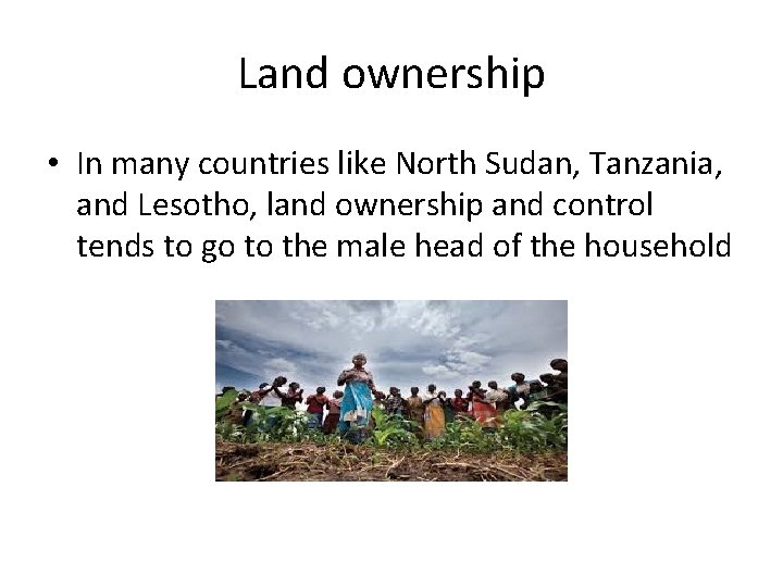 Land ownership • In many countries like North Sudan, Tanzania, and Lesotho, land ownership