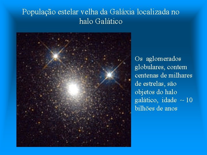 População estelar velha da Galáxia localizada no halo Galático Os aglomerados globulares, contem centenas
