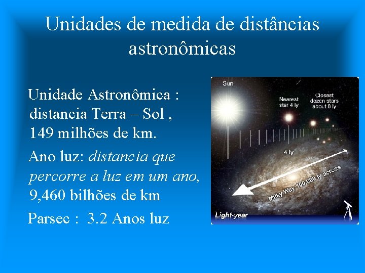 Unidades de medida de distâncias astronômicas Unidade Astronômica : distancia Terra – Sol ,