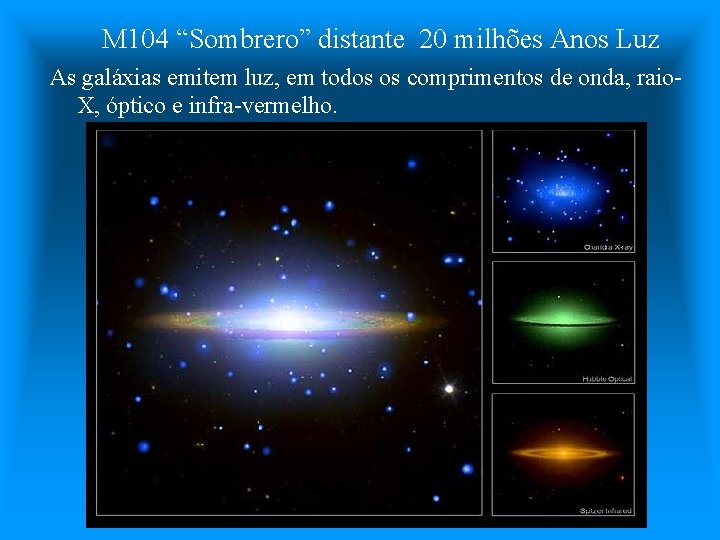 M 104 “Sombrero” distante 20 milhões Anos Luz As galáxias emitem luz, em todos