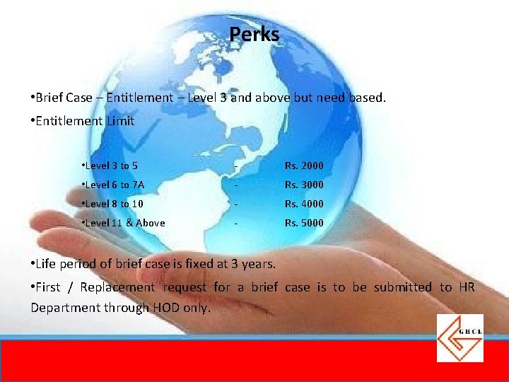 Perks • Brief Case – Entitlement – Level 3 and above but need based. Perks • Brief Case – Entitlement – Level 3 and above but need based.