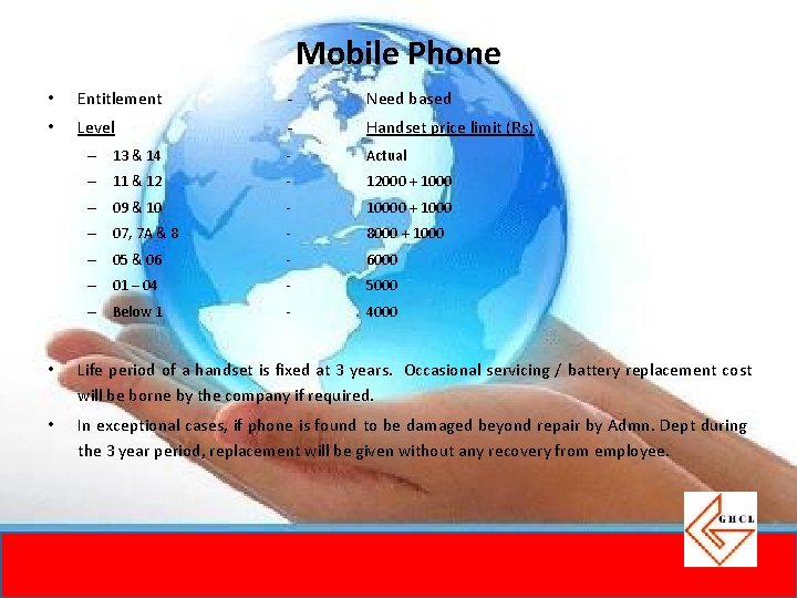 Mobile Phone • Entitlement - Need based • Level - Handset price limit (Rs) Mobile Phone • Entitlement - Need based • Level - Handset price limit (Rs)