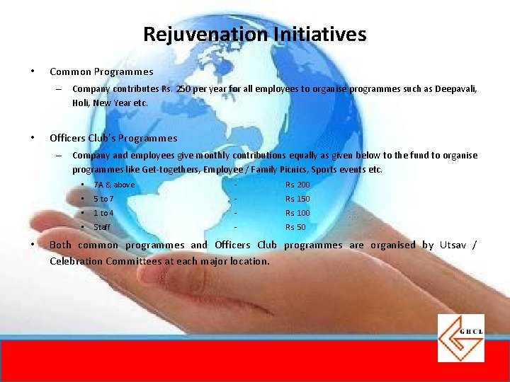 Rejuvenation Initiatives • Common Programmes – Company contributes Rs. 250 per year for all Rejuvenation Initiatives • Common Programmes – Company contributes Rs. 250 per year for all