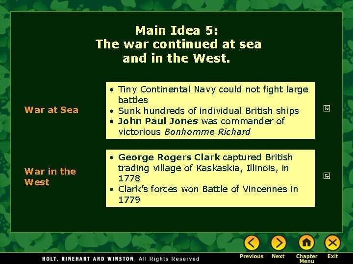 Main Idea 5: The war continued at sea and in the West. War at