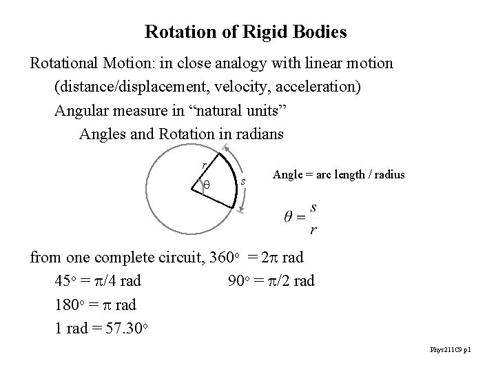Rotation of Rigid Bodies Rotational Motion: in close analogy with linear motion (distance/displacement, velocity,