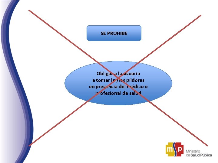 SE PROHIBE Obligar a la usuaria a tomar la /las píldoras en presencia del