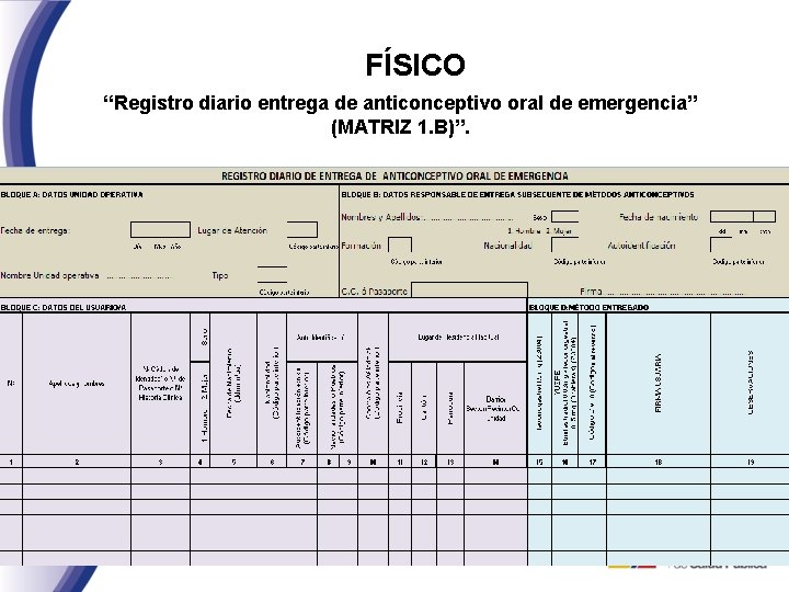 FÍSICO “Registro diario entrega de anticonceptivo oral de emergencia” (MATRIZ 1. B)”. 