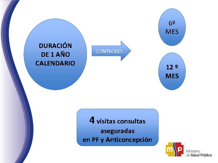 6º MES DURACIÓN DE 1 AÑO CALENDARIO CONTROLES 12 º MES 4 visitas consultas