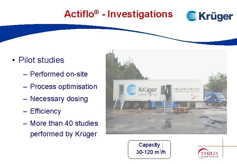 Actiflo® - Investigations • Pilot studies – Performed on-site – Process optimisation – Necessary Actiflo® - Investigations • Pilot studies – Performed on-site – Process optimisation – Necessary