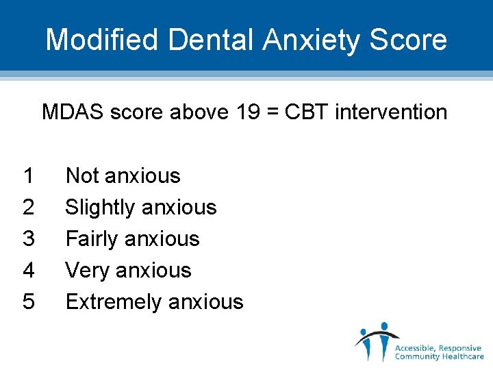 Modified Dental Anxiety Score MDAS score above 19 = CBT intervention 1 2 3