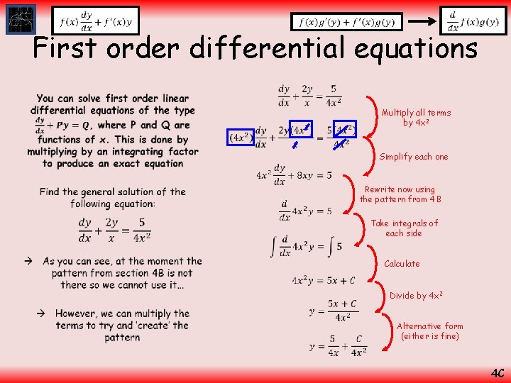  First order differential equations • Multiply all terms by 4 x 2 Simplify