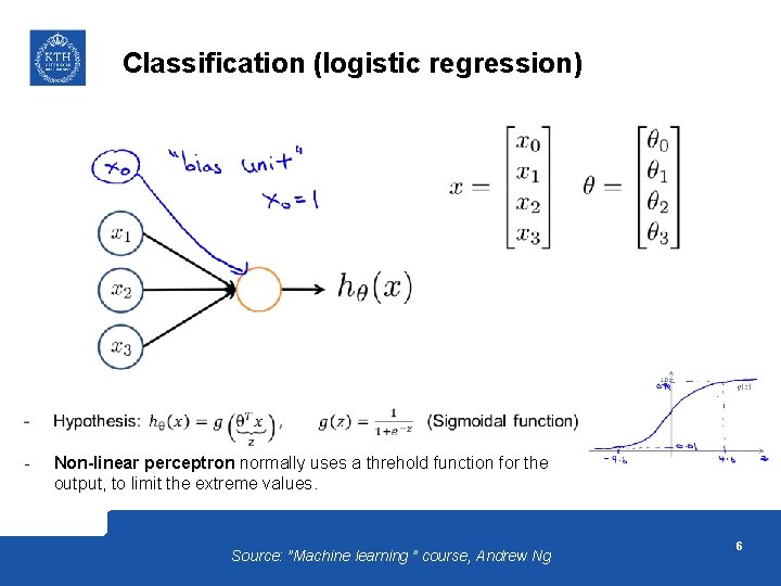 Classification (logistic regression) - Non-linear perceptron normally uses a threhold function for the output,