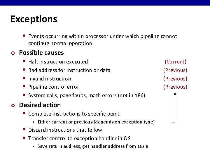 Exceptions § Events occurring within processor under which pipeline cannot continue normal operation ¢