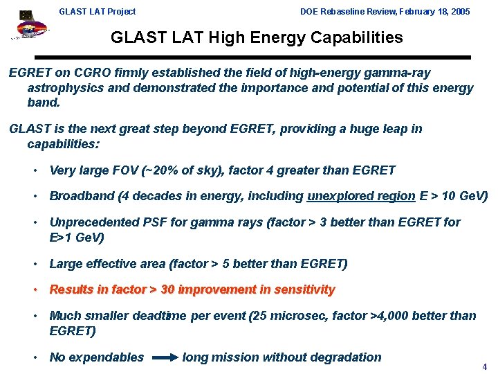 GLAST LAT Project DOE Rebaseline Review, February 18, 2005 GLAST LAT High Energy Capabilities