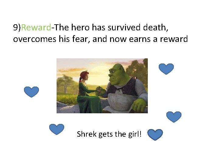 9)Reward-The hero has survived death, overcomes his fear, and now earns a reward Shrek