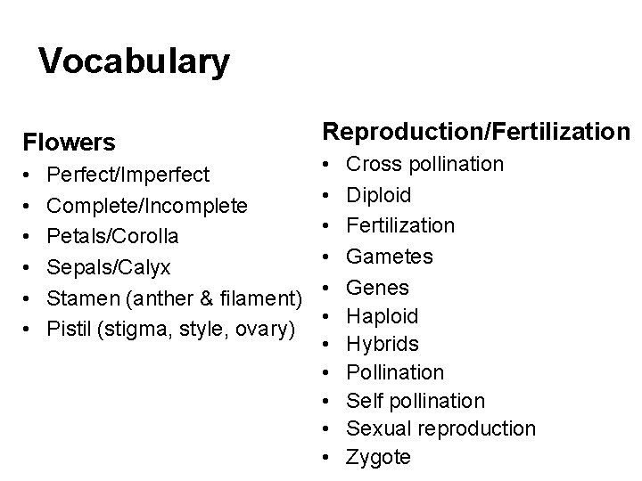 Vocabulary Flowers • • • Perfect/Imperfect Complete/Incomplete Petals/Corolla Sepals/Calyx Stamen (anther & filament) Pistil