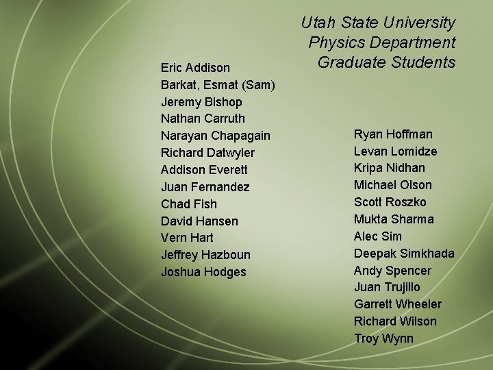 Eric Addison Barkat, Esmat (Sam) Jeremy Bishop Nathan Carruth Narayan Chapagain Richard Datwyler Addison