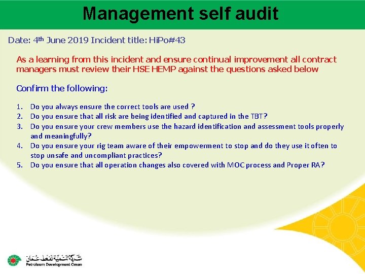 Management self audit Main contractor name – LTI# - Date of incident Date: 4