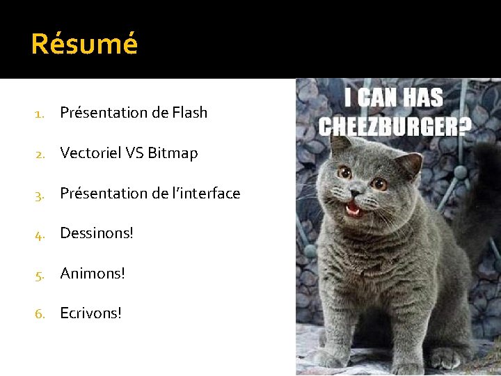 Résumé 1. Présentation de Flash 2. Vectoriel VS Bitmap 3. Présentation de l’interface 4. Résumé 1. Présentation de Flash 2. Vectoriel VS Bitmap 3. Présentation de l’interface 4.
