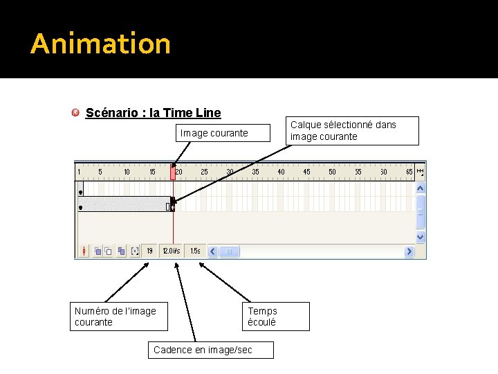 Animation Scénario : la Time Line Image courante Numéro de l’image courante Temps écoulé Animation Scénario : la Time Line Image courante Numéro de l’image courante Temps écoulé