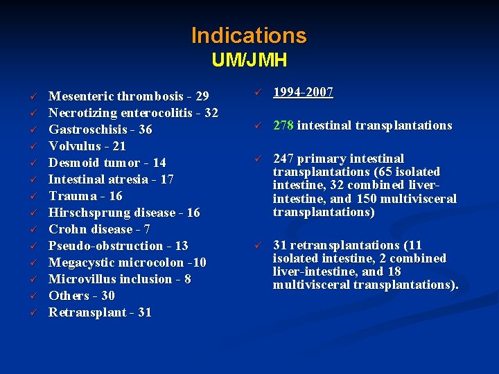 Indications UM/JMH ü ü ü ü Mesenteric thrombosis - 29 Necrotizing enterocolitis - 32