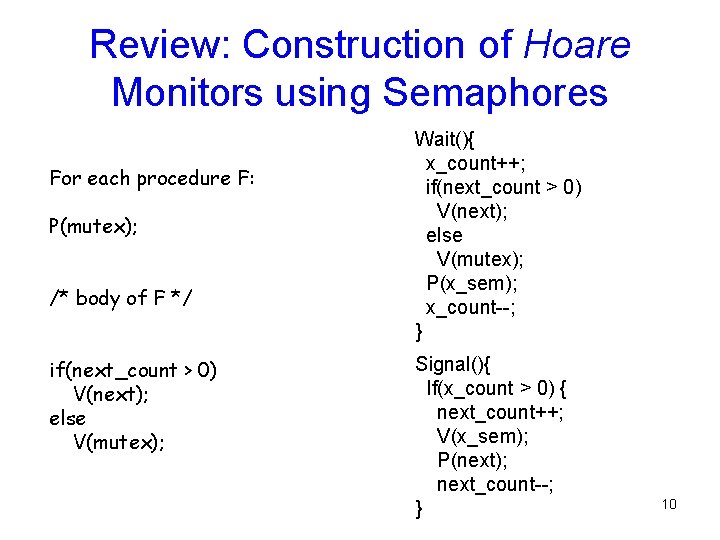 Review: Construction of Hoare Monitors using Semaphores For each procedure F: P(mutex); /* body