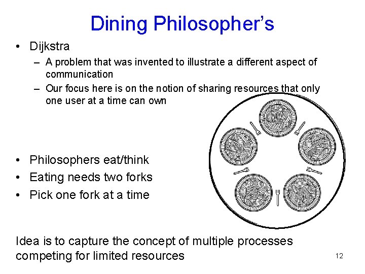 Dining Philosopher’s • Dijkstra – A problem that was invented to illustrate a different