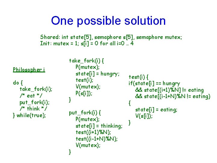 One possible solution Shared: int state[5], semaphore s[5], semaphore mutex; Init: mutex = 1;