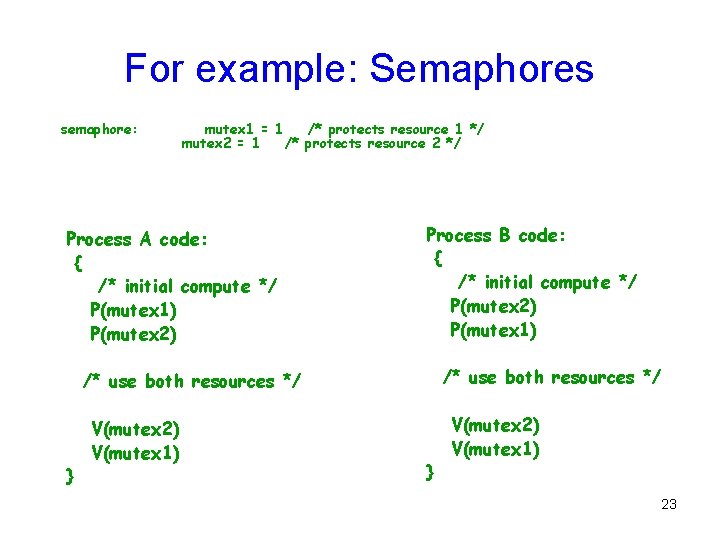 For example: Semaphores semaphore: mutex 1 = 1 /* protects resource 1 */ mutex