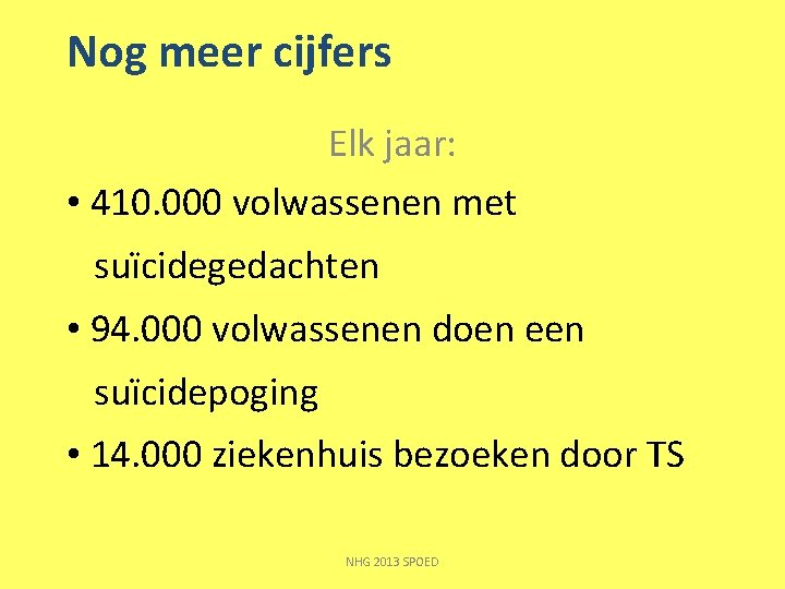 Nog meer cijfers Elk jaar: • 410. 000 volwassenen met suïcidegedachten • 94. 000