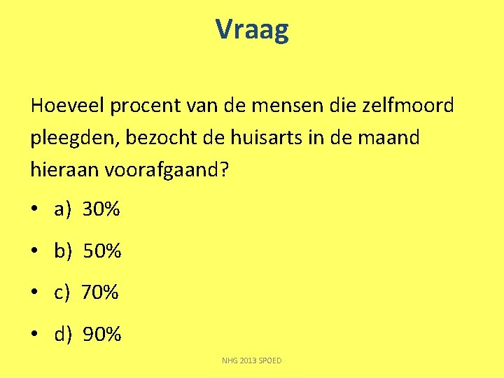 Vraag Hoeveel procent van de mensen die zelfmoord pleegden, bezocht de huisarts in de Vraag Hoeveel procent van de mensen die zelfmoord pleegden, bezocht de huisarts in de