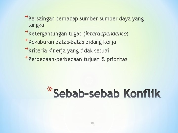 *Persaingan terhadap sumber-sumber daya yang langka *Ketergantungan tugas (interdependence) *Kekaburan batas-batas bidang kerja *Kriteria