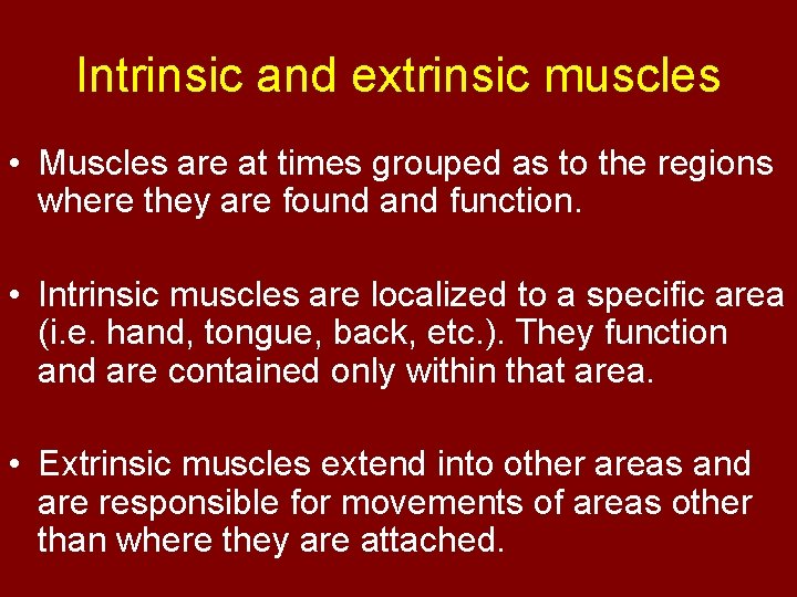 Intrinsic and extrinsic muscles • Muscles are at times grouped as to the regions