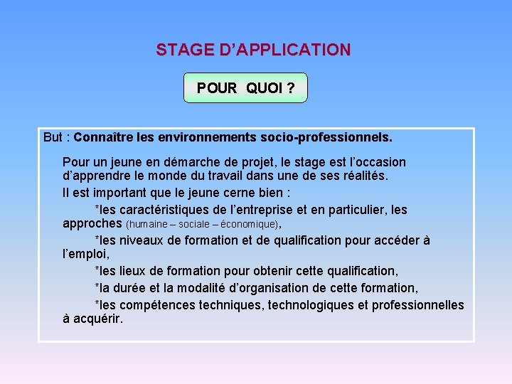 STAGE D’APPLICATION POUR QUOI ? But : Connaître les environnements socio-professionnels. Pour un jeune