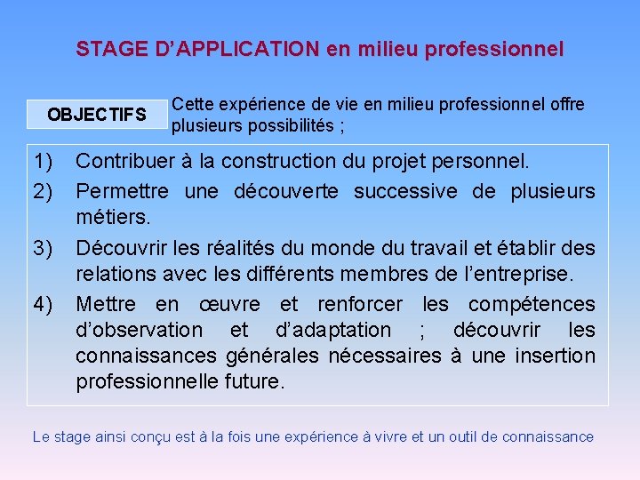 STAGE D’APPLICATION en milieu professionnel OBJECTIFS 1) 2) 3) 4) Cette expérience de vie