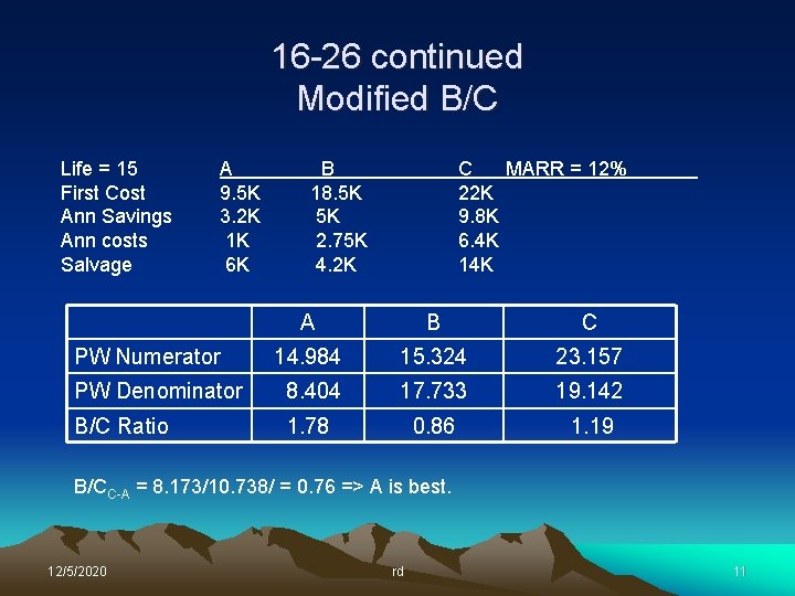 16 -26 continued Modified B/C Life = 15 First Cost Ann Savings Ann costs