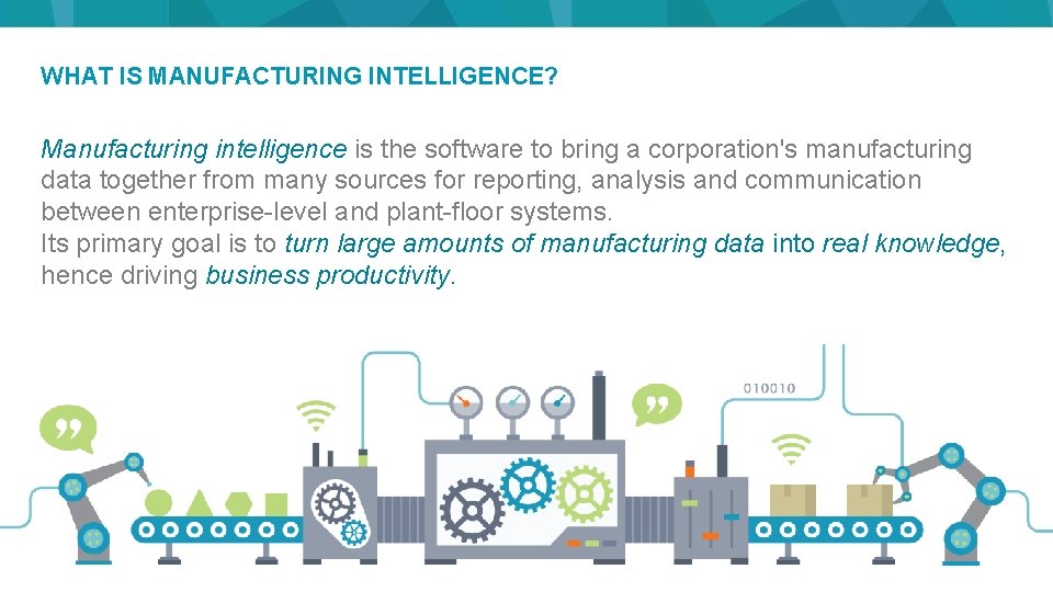 WHAT IS MANUFACTURING INTELLIGENCE? Manufacturing intelligence is the software to bring a corporation's manufacturing