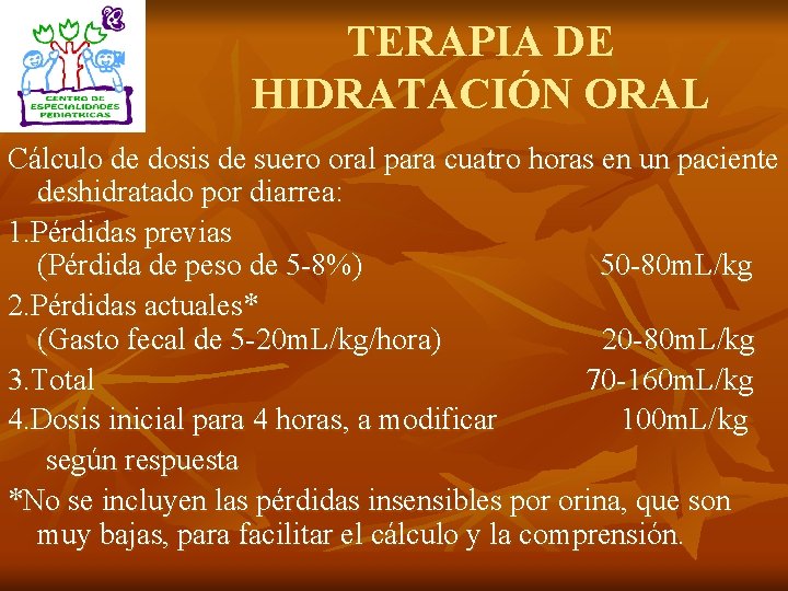 TERAPIA DE HIDRATACIÓN ORAL Cálculo de dosis de suero oral para cuatro horas en