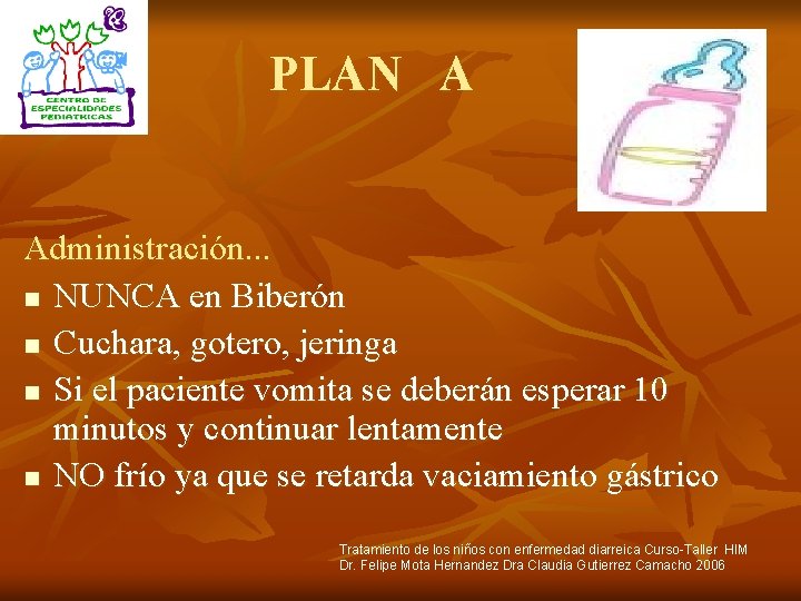 PLAN A Administración. . . n NUNCA en Biberón n Cuchara, gotero, jeringa n