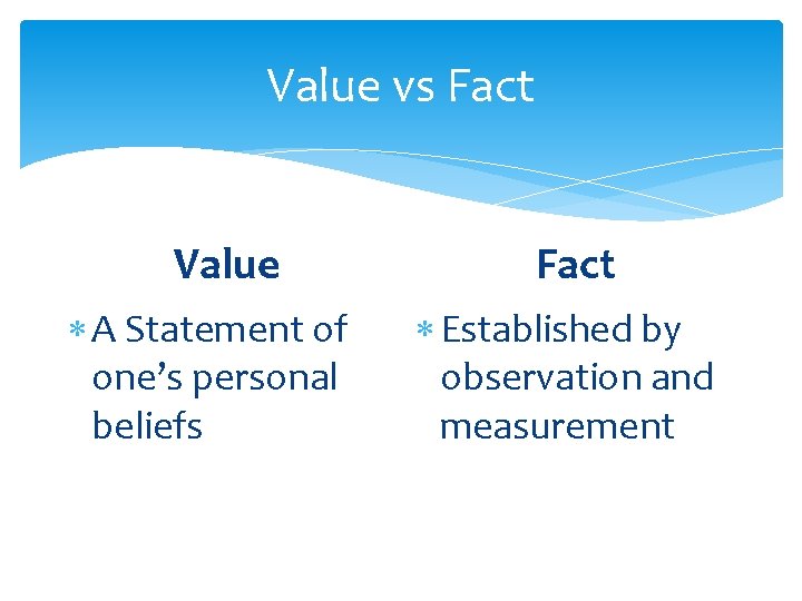Value vs Fact Value A Statement of one’s personal beliefs Fact Established by observation