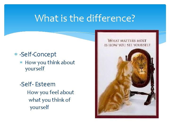 What is the difference? -Self-Concept How you think about yourself -Self- Esteem How you