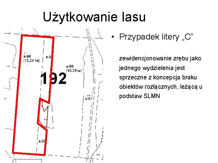 Użytkowanie lasu • Przypadek litery „C” zewidencjonowanie zrębu jako jednego wydzielenia jest sprzeczne z