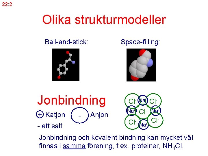22: 2 Olika strukturmodeller Ball-and-stick: Space-filling: Jonbindning + Katjon - ett salt - Anjon