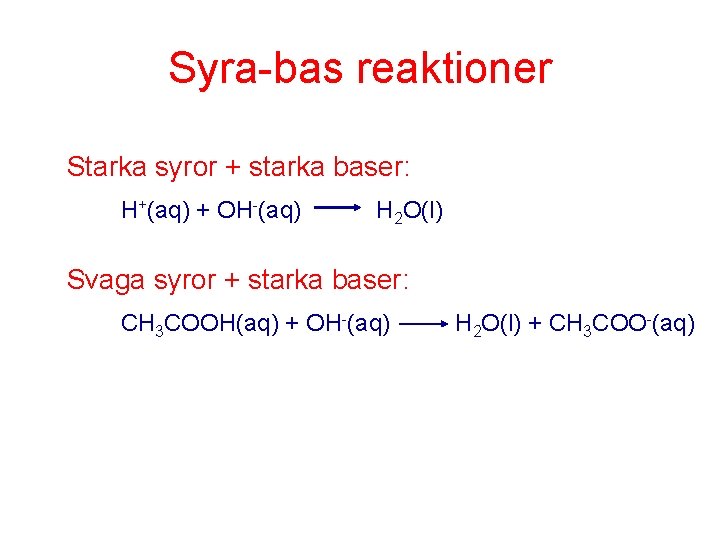 Syra-bas reaktioner Starka syror + starka baser: H+(aq) + OH-(aq) H 2 O(l) Svaga